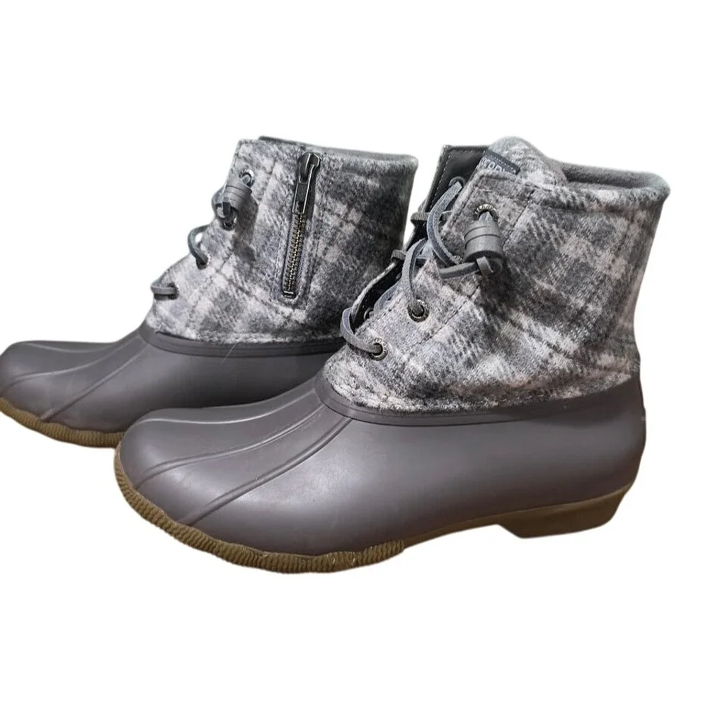 Sperry Saltwater Duck Boots Grey Plaid Wool Blend Waterproof‎ Size 7